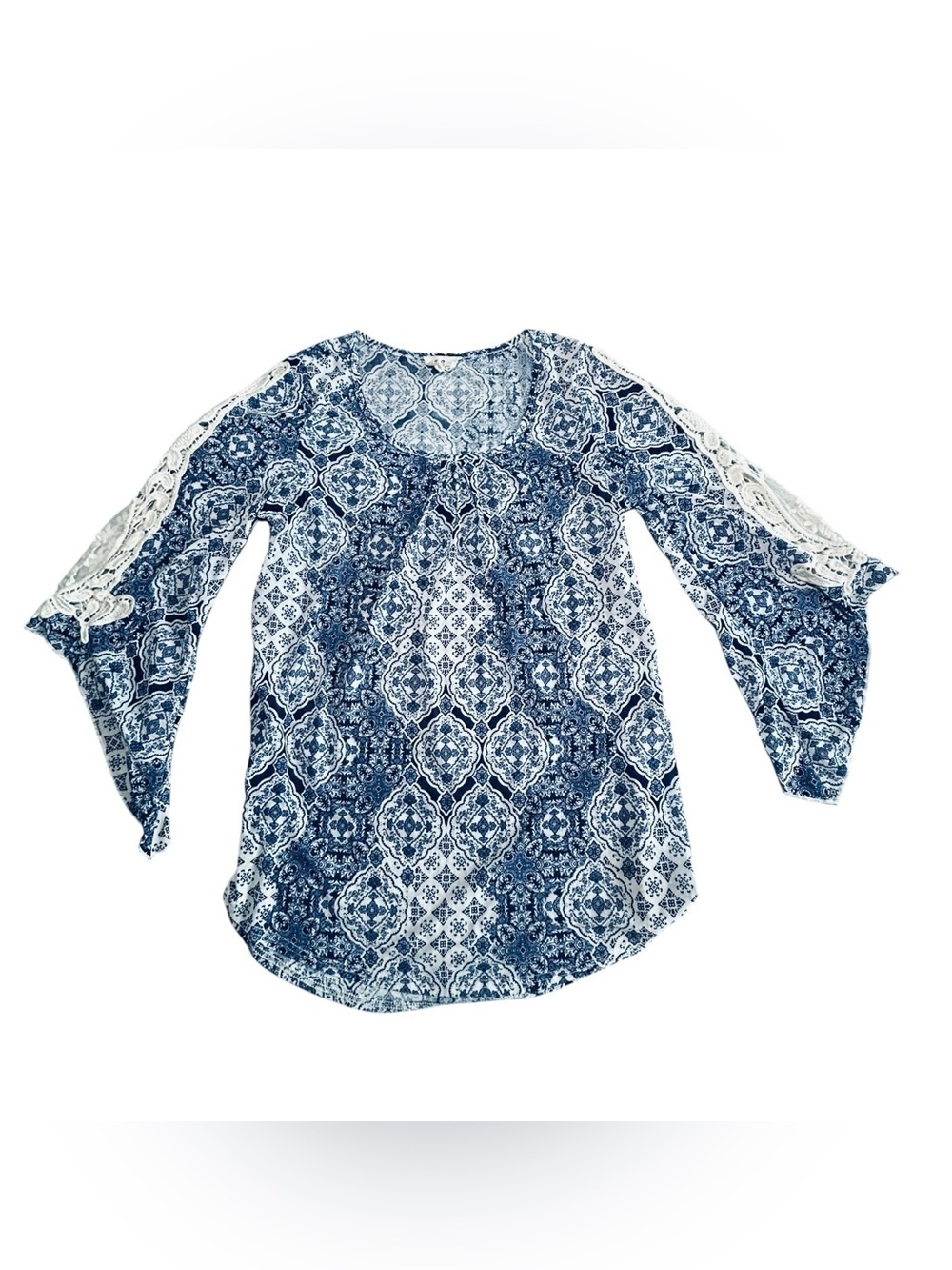 Navy Tile-Print Lace Insert Tunic Top size small